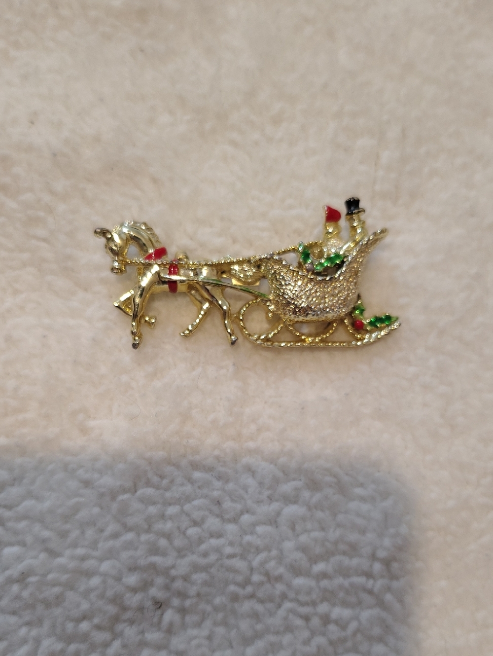 Gold Sleigh and Horse Holiday Brooch with Red and Green Accents